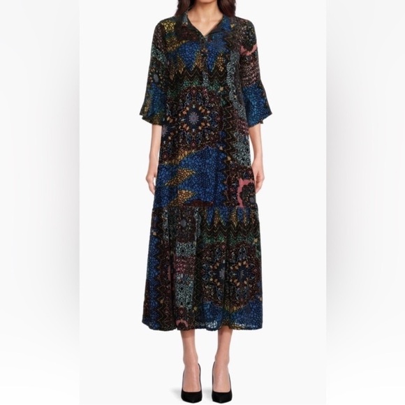 Johnny Was Nash Burnout Velvet Patchwork 3/4 Bell Sleeve Dress XS NWT $445 - Picture 2 of 13
